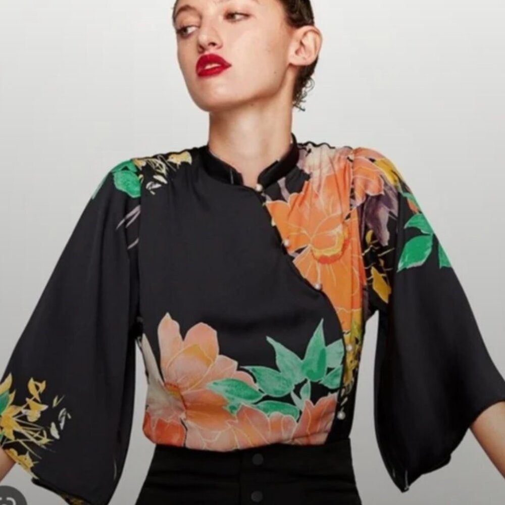 Zara Black Floral Mandarin-Collar Blouse